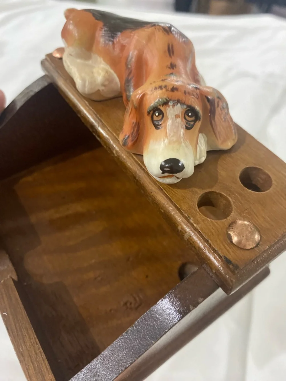 Vintage Ceramic Basset Hound on Wooden Office supply Holder - Brown & Orange